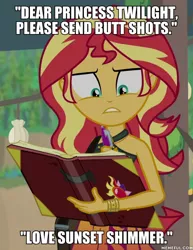 Size: 600x778 | Tagged: suggestive, derpibooru import, edit, edited screencap, screencap, sunset shimmer, equestria girls, equestria girls series, forgotten friendship, impact font, implied lesbian, implied shipping, implied sunsetsparkle