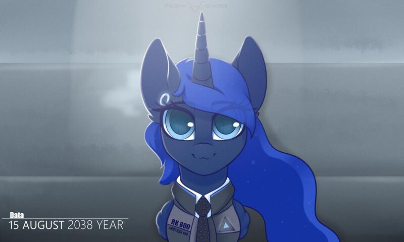 Size: 1772x1063 | Tagged: safe, artist:shadowreindeer, derpibooru import, princess luna, alicorn, android, pony, robot, robot pony, bust, clothes, connor, detroit: become human, eye clipping through hair, eyebrows visible through hair, female, folded wings, looking at you, mare, necktie, rk800, solo, wings