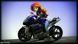 Size: 4208x2367 | Tagged: safe, artist:aryatheeditor, derpibooru import, sunset shimmer, equestria girls, 3d, boots, clothes, dress, fingerless gloves, gloves, grin, high heel boots, jacket, leather jacket, motorcycle, riding, road, shirt, shoes, smiling, source filmmaker, yamaha