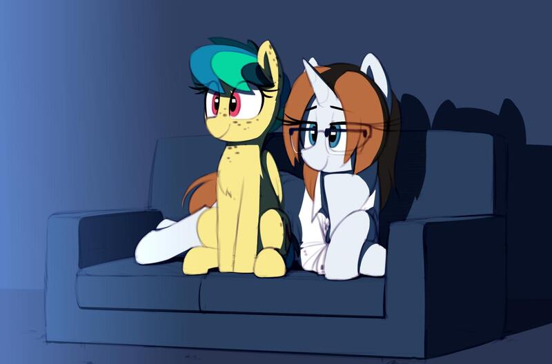 Size: 1354x893 | Tagged: safe, artist:shinodage, derpibooru import, oc, oc:apogee, oc:diamond gavel, unofficial characters only, pegasus, pony, unicorn, chest fluff, clothes, couch, cute, duo, eye clipping through hair, eyebrows visible through hair, female, filly, freckles, glasses, heartwarming, implied anime, lidded eyes, looking at something, mare, ocbetes, potential mother, prone, sitting, smiling, transparent mane, watching, watching tv