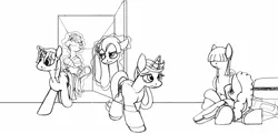 Size: 1606x779 | Tagged: safe, artist:dsb71013, derpibooru import, oc, oc:light fantastic, oc:maplejack, oc:misty monsoon, oc:rhapsody, oc:snowy skies, oc:static signal, unofficial characters only, pony, comic, luggage, magic, monochrome, telekinesis, tongue out