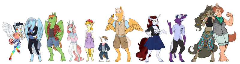 Size: 6931x1867 | Tagged: safe, artist:vindhov, derpibooru import, oc, oc:bumblebee, oc:curtain call, oc:haywire, oc:honeycrisp, oc:inkwell, oc:perfectly peachy pie, oc:petit choux, oc:scarlet heart, oc:silver lining (vindhov), oc:snap apple, oc:sulphur pie, unofficial characters only, anthro, earth pony, pegasus, unguligrade anthro, unicorn, anthro oc, clothes, crossed arms, disguise, dress, female, group, hat, interspecies offspring, jacket, long description, male, mare, offspring, parent:applejack, parent:big macintosh, parent:cheerilee, parent:discord, parent:donut joe, parent:flash sentry, parent:fluttershy, parent:pinkie pie, parent:ponet, parent:rainbow dash, parent:rarity, parent:soarin', parent:troubleshoes clyde, parent:twilight sparkle, parent:wind rider, parents:cheerimac, parents:discodash, parents:flashlight, parents:ponetshy, parents:rarijoe, parents:soarinjack, parents:trouble pie, parents:windash, shorts, simple background, size difference, smiling, stallion, vest, white background