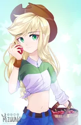 Size: 804x1248 | Tagged: safe, artist:mizuunie, derpibooru import, applejack, human, equestria girls, anime, apple, basket, belly button, breasts, colored pupils, cute, delicious flat chest, female, flatjack, food, humanized, jackabetes, midriff, side knot midriff, solo