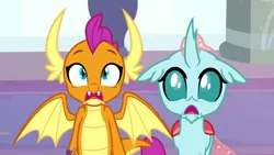 Size: 1920x1080 | Tagged: a matter of principals, bracelet, changedling, changeling, derpibooru import, dragon, dragoness, duo, fangs, female, jewelry, looking at you, ocellus, open mouth, safe, scared, screencap, smolder, spread wings, wide eyes, wings