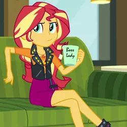 Size: 876x877 | Tagged: safe, derpibooru import, edit, edited screencap, screencap, sunset shimmer, equestria girls, equestria girls series, text support, boss lady, clothes, confident, couch, crossed legs, female, food, geode of empathy, legs, magical geodes, mug, sitting, smug, smugset shimmer, solo, tea, text, text support: sunset shimmer, vest