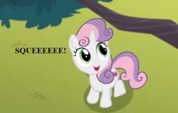 Size: 704x448 | Tagged: safe, derpibooru import, edit, edited screencap, screencap, sweetie belle, pony, surf and/or turf, cropped, cute, diasweetes, harmonizing heights, reaction image, solo, squeaky belle, squee, tree, tree branch