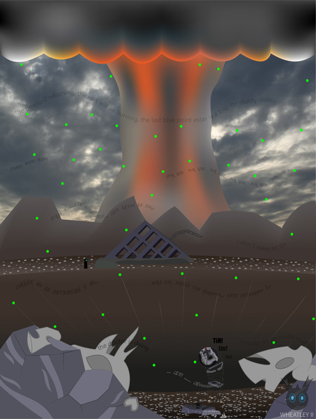 Size: 2474x3276 | Tagged: artist:wheatley r.h., building, changeling, cloud, cloudy, crater, derpibooru import, doomsday clock, exoskeleton, mountain, nuclear explosion, oc, oc:wheatley ii, radiation, rock, rock heart, safe, spanish, spanish text, unofficial characters only, vector, wasteland, watermark