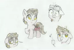 Size: 4771x3236 | Tagged: safe, artist:foxtrot3, derpibooru import, oc, oc:copper gears, pony, casanova, charms, colt, crying, curious, foal, golden eyes, grin, male, mirror, pale, sad, smiling, suave, toolbox, traditional art