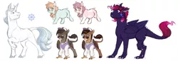 Size: 1600x552 | Tagged: safe, artist:vindhov, derpibooru import, oc, oc:hurricane, oc:noctis, oc:sweet cheeks, oc:yacht club, unofficial characters only, classical hippogriff, dracony, dragon, hippogriff, hybrid, pony, unicorn, clothes, cocky, female, filly, foal, hat, interspecies offspring, magical lesbian spawn, male, next generation, offspring, parent:fancypants, parent:fleur-de-lis, parent:gabby, parent:princess luna, parent:scootaloo, parent:spike, parent:sweetie belle, parent:trixie, parents:fancyfleur, parents:gabbyloo, parents:spiluna, redesign, shirt, simple background, stallion, sunglasses, white background