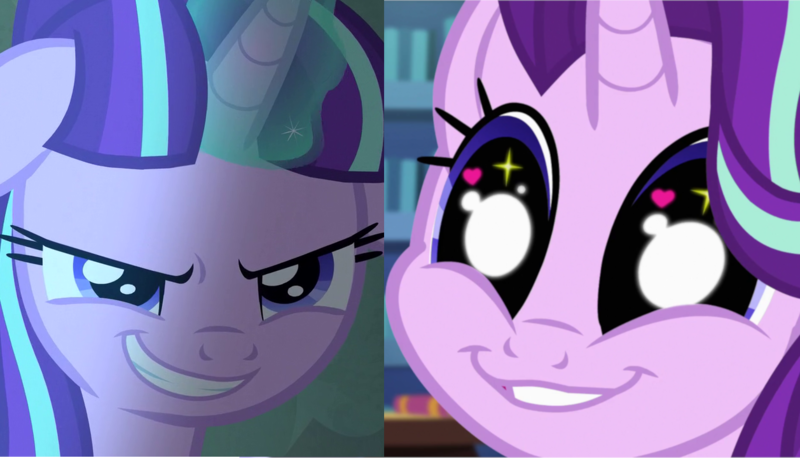 Size: 1258x720 | Tagged: safe, derpibooru import, edit, screencap, starlight glimmer, equestria girls, mirror magic, the cutie map, spoiler:eqg specials, comparison, cute, evil, evil grin, glimmerbetes, glimmie, grin, redemption, s5 starlight, smiling