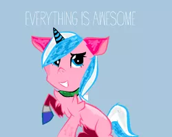 Size: 780x622 | Tagged: safe, artist:cadence08894, derpibooru import, ponified, pony, blue background, lego, simple background, solo, the lego movie, unikitty, white text