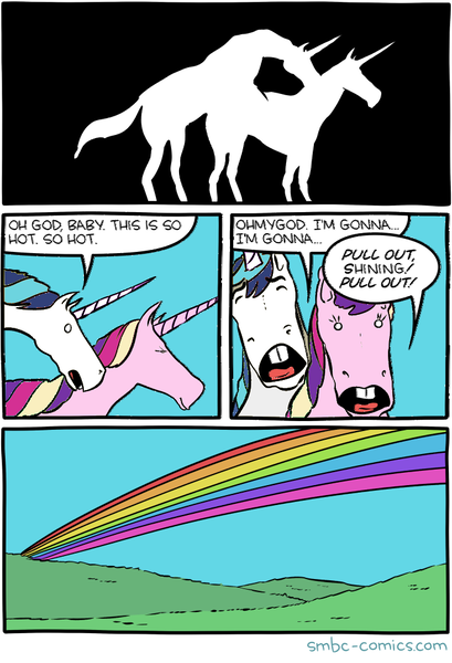 Size: 684x1003 | Tagged: questionable, artist:zach weinersmith, derpibooru import, edit, princess cadance, shining armor, pony, unicorn, colored, comic, dialogue, female, flat colors, male, rainbow, sex, smbc, straight