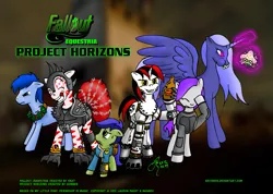 Size: 1181x839 | Tagged: safe, artist:arconius, derpibooru import, oc, oc:blackjack, oc:lacunae, oc:morning glory (project horizons), oc:p-21, oc:rampage, oc:scotch tape, unofficial characters only, cyborg, earth pony, pegasus, pony, unicorn, fallout equestria, fallout equestria: project horizons, armor, artificial alicorn, barbed wire, bloodshot eyes, clothes, cyber eyes, cyber legs, daffodil and daisy sandwich, eating, facehoof, fanfic art, female, filly, food, grenade, grin, hoofclaw, level 1 (project horizons), magic, male, mare, pipbuck, purple alicorn (fo:e), sandwich, smiling, spiked armor, stallion, telekinesis, text, vault suit, wild pegasus