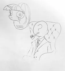 Size: 1136x1243 | Tagged: safe, artist:tjpones, derpibooru import, twilight sparkle, oc, oc:anon, human, pony, unicorn, :t, armchair, chair, clothes, dead, decapitated, derp, female, frown, grayscale, grimderp, hunting trophy, lineart, mare, monochrome, mounted head, necktie, pipe, severed head, simple background, sitting, smiling, smoking, suit, taxidermy, traditional art, trophy, twiggles, wat, we are going to hell, white background