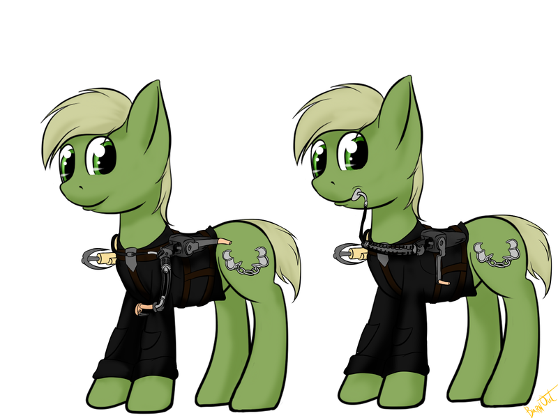 Size: 1600x1200 | Tagged: safe, artist:burnout42, derpibooru import, oc, oc:murky, unofficial characters only, pegasus, pony, fallout equestria, fallout equestria: murky number seven, battle saddle, fanfic art, fleece, grappling hook, looking at you, male, simple background, solo, stallion, white background