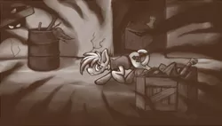 Size: 854x485 | Tagged: safe, artist:kalemon, derpibooru import, oc, oc:murky, unofficial characters only, pegasus, pony, fallout equestria, fallout equestria: murky number seven, alley, alleyway, fanfic art, fleece, glowing eyes, male, monochrome, scared, shadow, solo focus, stallion