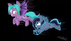 Size: 2960x1720 | Tagged: safe, artist:mr.rexy, derpibooru import, oc, oc:purple shade, oc:twisted rush, bat pony, pegasus, pony, bat pony oc, bat wings, flying, simple background, smiling, wings