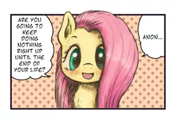 Size: 1000x698 | Tagged: safe, artist:plotcore, derpibooru import, fluttershy, ponified, pegasus, pony, /mlp/, abstract background, blushing, bust, chest fluff, cute, demotivational, description is relevant, dialogue, drawthread, female, hidamari sketch, implied anon, looking at you, mare, meme, ponified meme, portrait, request, shyabetes, smiling, solo, speech bubble, talking to viewer, yes