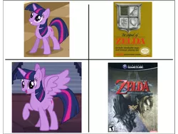 Size: 960x720 | Tagged: safe, derpibooru import, edit, edited screencap, editor:countcoltnackh, screencap, twilight sparkle, twilight sparkle (alicorn), alicorn, pony, unicorn, caption, exploitable meme, four panel meme, image macro, legend of zelda: twilight princess, meme, pun, solo, text, the legend of zelda, video game