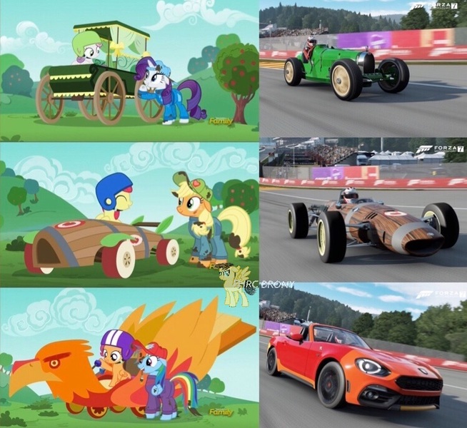 Size: 750x688 | Tagged: safe, artist:forzaveteranenigma, derpibooru import, edit, edited screencap, screencap, apple bloom, applejack, rainbow dash, rarity, scootaloo, sweetie belle, pony, fanfic:equestria motorsports, friendship is magic, the cart before the ponies, abarth, abarth 124 spider, belgium, bugatti, bugatti type 35, car, circuit de spa francorchamps, collage, derby racers, driving, eagle-weslake, eagle-weslake t1g, eau rouge, europe, fiat, fiat 124 spider, fiata, forza motorsport 7, livery, lucas oil applewood derby, photo, racing, read description, watermark