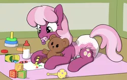 Size: 1900x1200 | Tagged: suggestive, artist:skitter, derpibooru import, cheerilee, earth pony, pony, abdl, adult foal, cheeribetes, crayon, crayon drawing, cute, cutie mark, diaper, diaper fetish, female, fetish, foal bottle, happy, pacifier, poofy diaper, smiling, solo, solo female, teddy bear, toy, traditional art