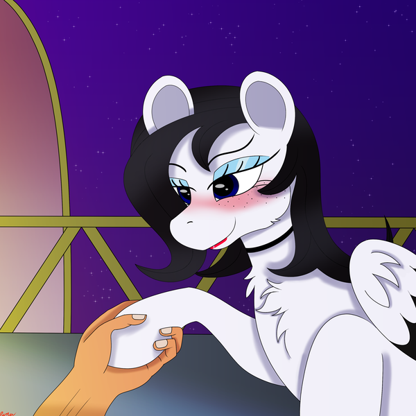 Size: 3000x3000 | Tagged: safe, artist:rarityismywaifu, derpibooru import, oc, oc:lamika, human, pegasus, pony, blushing, collar, cute, female, freckles, hand, holding hooves, hoof hold, human on pony hoof holding, interspecies, lidded eyes, lipstick, makeup, mare, offscreen character, sitting, solo focus