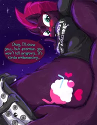 Size: 2009x2593 | Tagged: adorasexy, anthro, artist:frist44, belt, blushing, breasts, clothes, cute, cutie-flashing, cutie mark, derpibooru import, embarrassed, female, fizzlepop berrytwist, intimate, low angle, pants, pants down, rage against the machine, revealing, sexy, shirt, showing off, solo, solo female, suggestive, tempest shadow, t-shirt