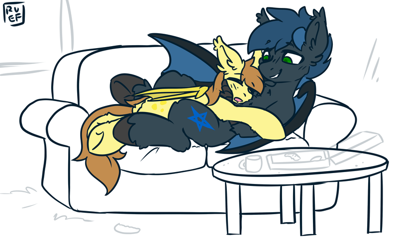 Size: 4096x2457 | Tagged: safe, artist:ruef, derpibooru import, oc, oc:bandit, oc:nachtadler, oc:stuffed crust, unofficial characters only, bat pony, hippogriff, pony, aftercare, bat pony oc, bat wings, catbathorse, couch, cuddling, cute, food, gay, hippogriff oc, male, pizza, sleeping, snuggling, talons, wings