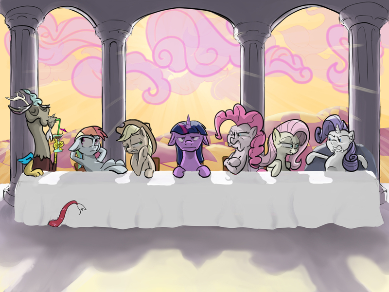 Size: 1600x1200 | Tagged: safe, artist:rocket-lawnchair, artist:sonicontinuum, derpibooru import, applejack, discord, fluttershy, pinkie pie, rainbow dash, rarity, tom, twilight sparkle, earth pony, pegasus, pony, unicorn, bad end, chocolate, chocolate milk, column, discorded, drinking straw, expressions, female, fine art parody, floppy ears, flutterbitch, food, greedity, grumpy, leonardo da vinci, liarjack, male, mane six, mare, martini glass, meanie pie, milk, pastiche, pink cloud, rainbow ditch, squint, table, the last supper, unamused, varying degrees of amusement