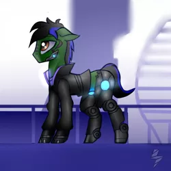 Size: 1000x1000 | Tagged: safe, artist:5oussn, derpibooru import, oc, oc:endel frostlion, cyborg, pony, clothes, cyberpunk, floppy ears, male, solo, stallion