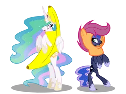 Size: 400x299 | Tagged: safe, artist:winter-scarf, derpibooru import, princess celestia, princess luna, alicorn, pony, animal costume, banana, banana suit, bananalestia, bipedal, blushing, chicken suit, clothes, commission, costume, cute, cutelestia, female, food, im a banana, lunabetes, mare, scootaloo hat, scootaloo suit, siblings, simple background, sisters, standing, transparent background, wat
