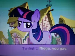 Size: 640x479 | Tagged: safe, derpibooru import, edit, twilight sparkle, pony, unicorn, angry, female, frown, glare, mare, nigga, nigga you gay, ponyville, solo, text, unamused, unicorn twilight, vulgar, wat