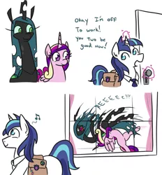 Size: 1113x1200 | Tagged: safe, artist:jargon scott, derpibooru import, edit, princess cadance, queen chrysalis, shining armor, alicorn, changeling, changeling queen, pony, unicorn, 2 panel comic, abuse, bag, chreeeesalis, chrysabuse, comic, dialogue, female, german suplex, gilligan cut, magic, male, mare, music notes, necktie, open mouth, quadrupedal, reeee, saddle bag, smiling, sports, stallion, suplex, telekinesis, this will end in pain, window, wrestling, wryyy