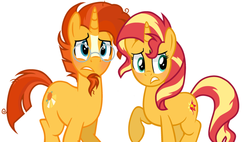 Size: 1024x582 | Tagged: safe, artist:amelia-bases, artist:winter-scarf, derpibooru import, sunburst, sunset shimmer, pony, unicorn, base used, blushing, brother and sister, facial hair, female, glasses, goatee, headcanon, male, mare, missing accessory, one hoof raised, siblings, similarities, simple background, stallion, sunny siblings, transparent background