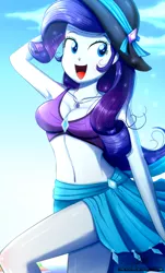 Size: 820x1360 | Tagged: safe, artist:the-butch-x, derpibooru import, rarity, equestria girls, equestria girls series, adorasexy, armpits, beautiful, beautisexy, belly button, bikini, bikini babe, breasts, busty rarity, cleavage, clothes, commission, cute, female, geode of shielding, hat, magical geodes, midriff, open mouth, raribetes, sarong, sexy, solo, stupid sexy rarity, sun hat, swimsuit, thighs