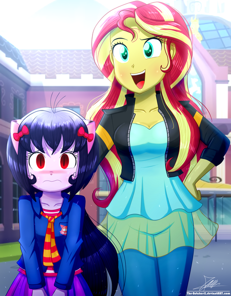 Size: 1220x1560 | Tagged: safe, artist:the-butch-x, derpibooru import, sunset shimmer, oc, oc:cassey, equestria girls, breasts, clothes, commission, crystal prep academy, duo, open mouth, pants, shy