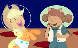 Size: 457x284 | Tagged: applejack, arthur, artist:guihercharly, astrobaby, crossover, derpibooru import, diaper, helmet, laughing, moon, safe, space, sue ellen armstrong