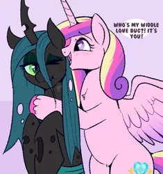 Size: 516x550 | Tagged: safe, artist:lulubell, derpibooru import, princess cadance, queen chrysalis, alicorn, changeling, changeling queen, pony, baby talk, blushing, cadalis, cute, cutealis, cutedance, daaaaaaaaaaaw, female, hug, infidelity, lesbian, mare, shipping, weapons-grade cute