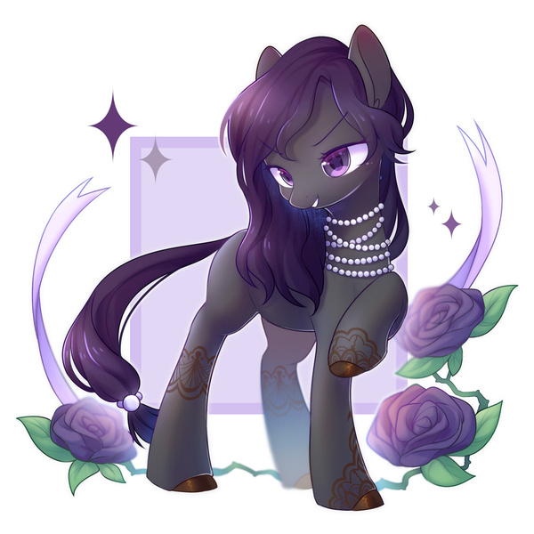 Size: 2000x2000 | Tagged: safe, artist:leafywind, derpibooru import, oc, unofficial characters only, earth pony, pony, abstract background, colored hooves, colored pupils, female, flower, jewelry, looking at you, mare, necklace, raised hoof, solo, starry eyes, tail band, wingding eyes