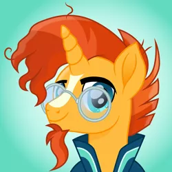 Size: 1500x1500 | Tagged: safe, artist:cloudyglow, derpibooru import, sunburst, pony, bust, facial hair, glasses, goatee, light blue background, looking at you, male, movie accurate, simple background, smiling, solo, stallion