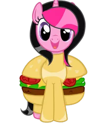 Size: 900x1098 | Tagged: safe, artist:dl-ai2k, derpibooru import, oc, oc:sunny pink, pony, unicorn, burger, clothes, costume, female, food, food costume, hamburger, mare, simple background, solo, transparent background