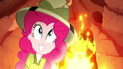 Size: 1920x1080 | Tagged: safe, derpibooru import, screencap, pinkie pie, eqg summertime shorts, equestria girls, the canterlot movie club, crazy face, faic, fire, hat, smiling