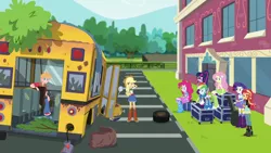 Size: 1920x1080 | Tagged: safe, derpibooru import, screencap, applejack, big macintosh, fluttershy, pinkie pie, rainbow dash, rarity, sci-twi, sunset shimmer, twilight sparkle, eqg summertime shorts, equestria girls, get the show on the road, bus, confused, group, humane five, humane seven, humane six, parking lot, school bus, the rainbooms tour bus, wreck