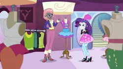 Size: 1920x1080 | Tagged: safe, derpibooru import, screencap, prim hemline, rarity, display of affection, equestria girls, equestria girls series, boutique, clothes, dress, ear piercing, earring, female, high heels, jewelry, mannequin, piercing, shoes, stairs, tv rating, tv-y