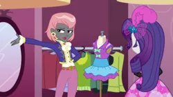 Size: 1920x1080 | Tagged: safe, derpibooru import, screencap, prim hemline, rarity, display of affection, equestria girls, equestria girls series, arm behind back, boutique, clothes, dress, ear piercing, earring, female, jacket, jewelry, mannequin, mirror, piercing