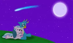 Size: 6576x3899 | Tagged: safe, artist:ejlightning007arts, derpibooru import, gallus, silverstream, classical hippogriff, gryphon, hippogriff, cute, diastreamies, female, gallabetes, gallstream, hill, hug, male, moon, night, shipping, shooting star, snuggling, straight, wing blanket, winghug