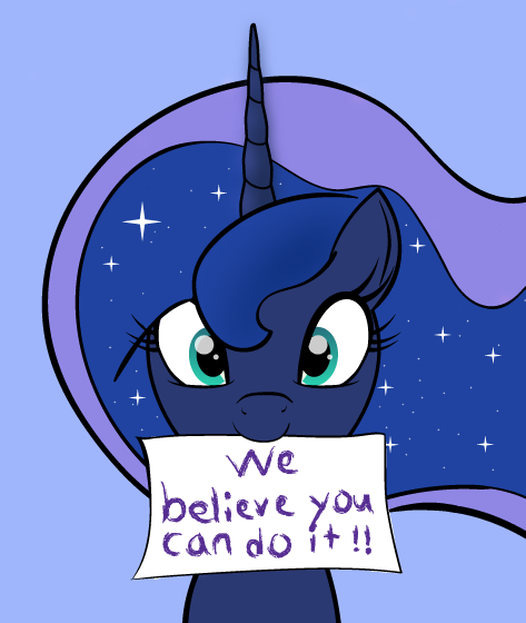 Size: 473x560 | Tagged: safe, artist:trash anon, derpibooru import, princess luna, alicorn, pony, /mlp/, bronybait, cute, female, happy, looking at you, mare, motivational, positive ponies, royal we, smiling, solo, stars, talking to viewer, text, wholesome, wide eyes