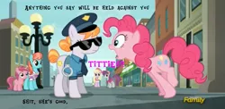 Size: 1573x765 | Tagged: suggestive, derpibooru import, edit, edited screencap, screencap, copper top, luckette, pinkie pie, pinot noir, ruby pinch, shiraz, silver berry, strawberry ice, pony, the gift of the maud pie, background pony, discovery family logo, implied lesbian, police, police pony, pun, sunglasses, vulgar