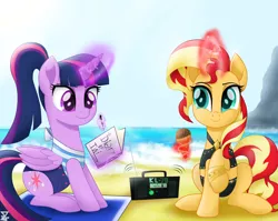 Size: 6900x5500 | Tagged: safe, artist:theretroart88, derpibooru import, sunset shimmer, twilight sparkle, twilight sparkle (alicorn), ponified, alicorn, pony, unicorn, equestria girls, equestria girls series, absurd resolution, beach, boombox, clothes, clothes swap, dessert, duo, duo female, equestria girls outfit, equestria girls ponified, female, food, ice cream, image, levitation, magic, ocean, pen, png, radio, raised hoof, sand, sitting, smiling, swimsuit, telekinesis