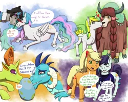 Size: 1280x1024 | Tagged: safe, artist:azurllinate, derpibooru import, applejack, coloratura, king sombra, princess celestia, princess ember, thorax, yona, oc, oc:sol bright, alicorn, changedling, changeling, dragon, earth pony, pony, unicorn, yak, annoyed, appletura, bow, canon x oc, celestibra, changeling x dragon, cloven hooves, crying, egg, embrax, eyes closed, female, folded wings, futurehooves, happy, homosexuality, horns, interspecies, king thorax, kissing, leaning, lesbian, looking at each other, lord ember, male, next gen:futurehooves, older, older yona, ponytail, preglestia, pregnant, rarajack, shipping, side, size difference, smiling, solna, speech, speech bubble, straight, talking, wings